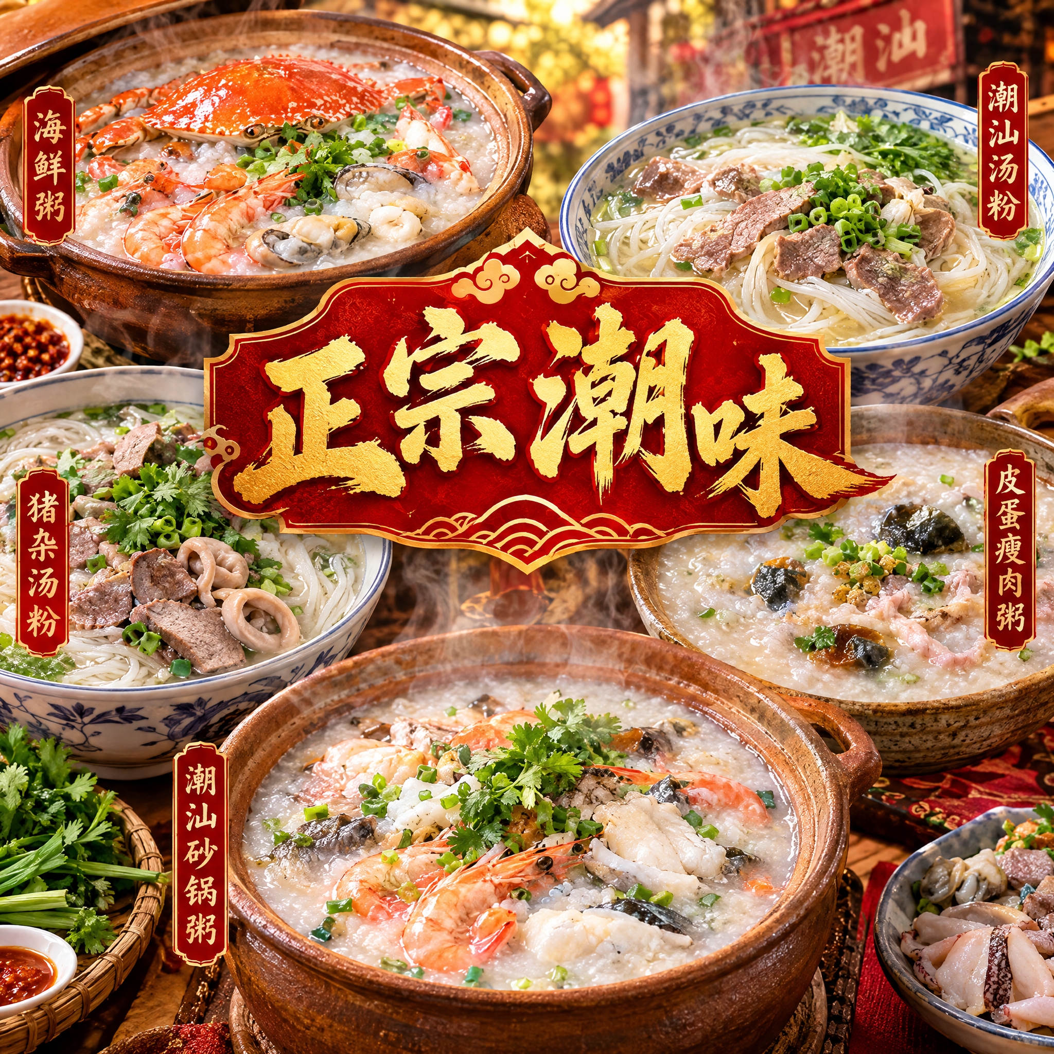 潮汕粥类汤粉头像设计，店名"正宗潮味"四个大字居中，字体为传统… - 图片创意预览