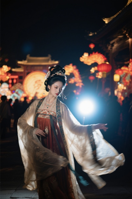 符合跨年狂欢宋代主题的乐园KV人物，包含一名动态姿势的全身汉服女子，服装华丽精美，搭配符合宋代风格的发饰与首饰，动作灵动有活力，背景融入宋代跨年狂欢的喜庆热闹氛围，整体画面适配乐园主KV设计预览效果