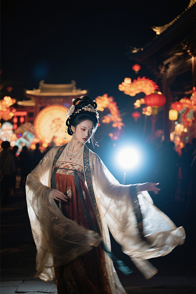 符合跨年狂欢宋代主题的乐园KV人物，包含一名动态姿势的全身汉服女子，服装华丽精美，搭配符合宋代风格的发饰与首饰，动作灵动有活力，背景融入宋代跨年狂欢的喜庆热闹氛围，整体画面适配乐园主KV设计