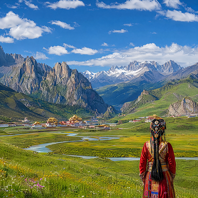 高清实景摄影，甘南藏族风情旅游风景大片，正方形构图。画面主体是壮丽的高原自然风光，融合扎尕那石城、莲宝叶则神山、甘加秘境草原、拉卜楞寺金顶等元素。前景是一望无际的翠绿草原和蜿蜒的河流，中景是雄伟的石头山和藏式寺庙建筑群，远景是连绵的雪山和蓝天白云。画面右下角有一位背对镜头的藏族美女，人物占画面约8%，她穿着华丽精美的藏族传统服饰，头戴繁复漂亮的发饰和珠宝，佩戴丰富的绿松石、红珊瑚、金银首饰，长发编成精致的辫子垂在背后，她静静站在草原上眺望远方的风景。整体色调以春夏的翠绿、天蓝、金黄、藏红为主，色彩明亮温暖，阳光明媚，光影层次丰富。画面构图平衡有设计感，风景占绝对主导，人物点缀其中，无任何文字。超高清，细节丰富，专业摄影质感。