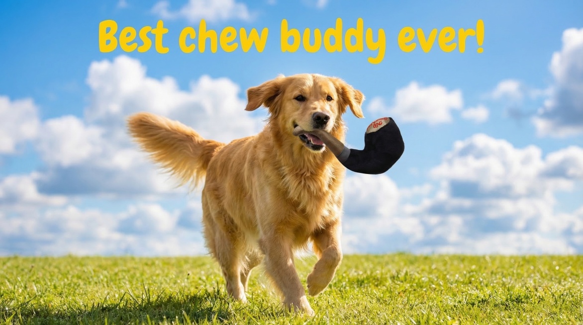 A happy golden retriever running on a sunlit green lawn, holding the pipe-shaped dog chew toy firmly预览效果