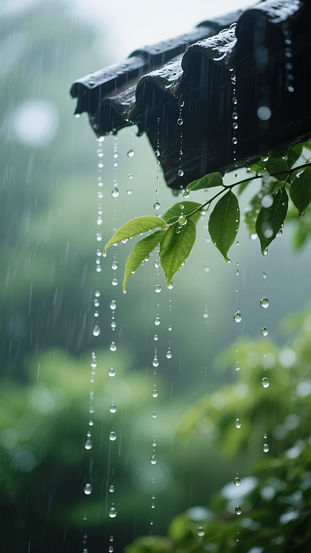 写实摄影风格，雨水背景，从深色屋檐边缘垂下大量晶莹剔透的雨滴，细长的雨线中夹杂着饱满的水珠，部分水珠悬挂在翠绿的树叶尖端，背景是模糊的绿色植物和柔和的自然光，整体色调以深绿和淡绿为主，光影柔和，营造出宁静、湿润的雨天氛围，画面具有浅景深效果，前景雨滴清晰，背景朦胧，充满自然清新的感觉。