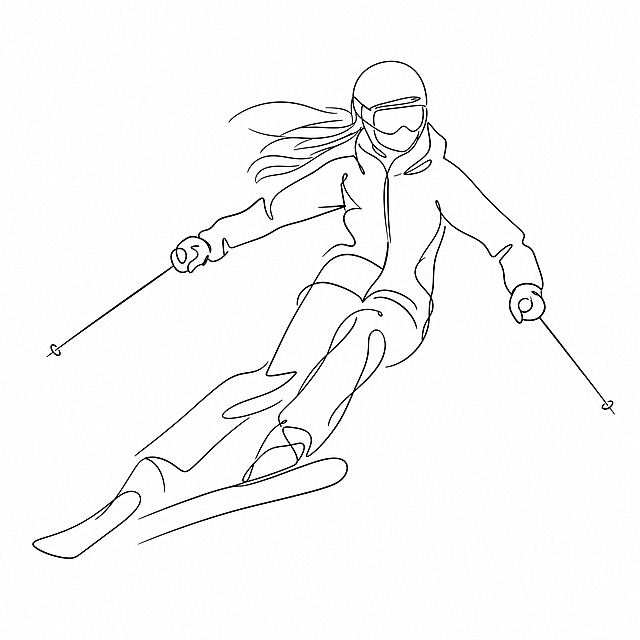 抽象线条高度概括风格年轻女性滑雪者，修长人物比例，极简线条艺术，大透视角度，强烈视觉张力，滑雪穿搭，身穿滑雪服，头戴头盔护目镜，脚踩滑雪板，滑雪动态姿势，用极少的流畅线条高度概括人物形态，白色背景，纯线条艺术无填充，矢量风格，概括细节，现代简约艺术感，全身像
