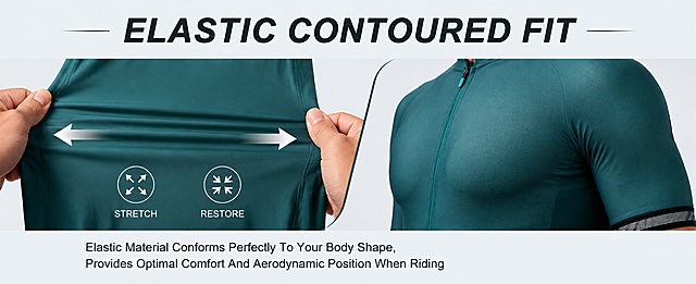 [第4屏] Elastic material performance test and body fit demonstration. This screen uses 【图3】 stretched fabric detail image.
[氛围/风格] Functional demonstration page, clean and professional, dynamic action display.
[元素布局] Left half shows stretching demonstration of the fabric with hands pulling, right half shows how the jersey contours to body shape. Keep teal fabric color consistent. Top title area, bottom descriptive text. Emphasize elasticity shows fabric stretching and restoring.
[光影质感] Soft studio lighting, clear focus on the stretching action, shows fabric deformation and recovery, natural shadow to enhance three-dimensional sense.
[配色色系] Global background color #f0f4f5, teal product, dark text, light neutral background.
[视角构图] Split composition, left close-up stretch demo, right body shape effect, clear visual hierarchy.
[文字版式] Top title: 'Elastic Contoured Fit', description text below: 'Elastic Material Conforms Perfectly To Your Body Shape, Provides Optimal Comfort And Aerodynamic Position When Riding'. All English, title has capitalized main words, text is clear and legible, arranged in lower area, no overlap with key demonstration.
[比例分辨率] 1464:600 (97:30), 4K resolution, text clear.
[负向提示词] distorted fabric, wrong color, blurry action, Chinese characters, exaggerated claims