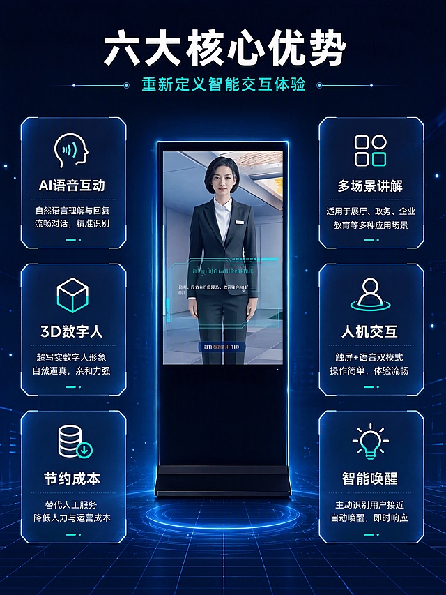 [第3张] 核心卖点总览页 - AI数字人一体机六大功能亮点。本张使用【图1】产品图作为中心展示，保持产品外观一致。
[氛围/风格] 科技商务风、深蓝色调、信息卡片式布局，专业高端质感。
[元素布局] 中心为数字人交互一体机产品图，占比约35%；周围环绕6个功能图标卡片，呈放射状分布；背景为深蓝色科技空间，有网格线和发光粒子点缀；每个卡片配有简约线性图标。
[光影质感] 中心产品有轮廓光效，卡片悬浮带投影，整体冷色科技光感，明暗层次分明。
[配色色系] 全局底色 #0D1B3D 深海军蓝；主色 #2563EB 亮蓝；辅助色 #06B6D4 青色、#FFFFFF 白色文字、#10B981 绿色点缀。
[视角构图] 正面平视，中心对称布局，阅读动线顶部标题 → 中心产品 → 环绕卖点卡片。
[文字版式] 顶部居中主标题「六大核心优势」白色粗体大字，副标题「重新定义智能交互体验」青色小字；6个卖点卡片分两排环绕产品：「AI语音互动」「多场景讲解」「3D数字人」「人机交互」「节约成本」「智能唤醒」，每个卡片配图标+标题+简短说明；卡片为半透明玻璃拟态风格，蓝白渐变边框。
[比例分辨率] 3:4竖版比例，4K分辨率，文字清晰可辨，高清画质。
[负向提示词] 产品变形，结构错误，文字错乱，水印，图标模糊，卡片变形，颜色偏差。
