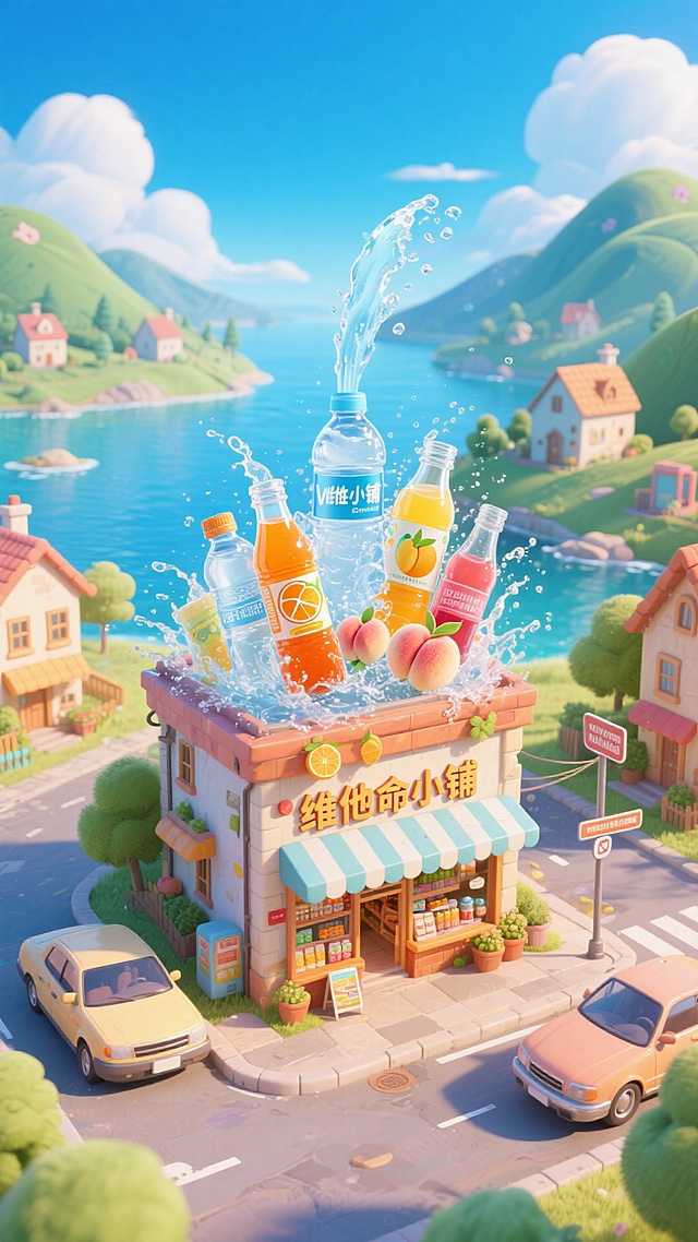 清新梦幻的3D微缩小镇，维他命小铺屋顶喷涌果汁水花，卡通可爱风格融合液态动感，传递清爽活力与趣味感。