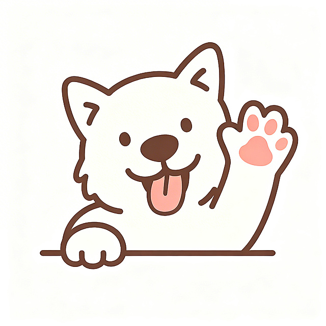 可爱简笔画风格，一只白色西高地小狗探出身子招手，吐着粉色舌头，粉色肉垫爪子，棕色轮廓描边，纯白色背景，去除所有水印和网格，线条干净清晰，简约可爱插画