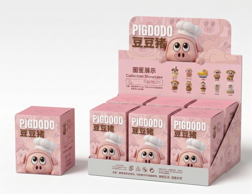 将图1的豆豆猪盲盒设计图案，贴合到图2的白色刀板展示盒的每个盲盒立方体的外表面以及展示盒的背板上，形成完整的盲盒陈列效果预览效果
