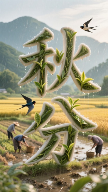 主体为一个由细雨、嫩芽、燕子、茶叶、农耕场景等元素点缀的立体艺术汉字“秋分”，背景农耕场景预览效果