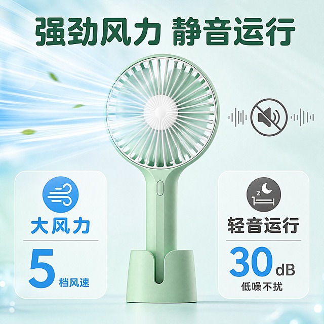 [主图-2] 手持小风扇 核心价值卖点图 强劲风力与静音运行双卖点。
[统一基调] 清新夏日风格，薄荷绿为主色调，白色为辅助色，浅蓝渐变背景营造清凉感；字体使用圆润无衬线粗体，标题字色为深绿色，数据强调色为蓝色；整体干净通透、品质感强。
[画面] 薄荷绿色手持小风扇位于画面中央偏上，占画面约45%，正面视角，风扇处于工作状态，扇叶有轻微动态模糊感表现转动；产品外观、颜色、结构、材质与输入图完全一致；画面左右两侧分别用图形化方式展示两个核心卖点：左侧用蓝色气流线条从风扇吹出，表现强劲风力；右侧用静音图标（声波+斜杠）和分贝数值表现静音运行；底部有两个圆角信息卡片分别对应两个卖点。
[光影质感] 商业摄影质感，主光从正上方打来，产品均匀受光，扇叶网罩有通透感，手柄和底座有细腻磨砂质感，底部有柔和接触阴影，整体明亮干净。
[配色] 主色薄荷绿，辅助色白色，背景浅薄荷绿渐变，风力气流用蓝色渐变，静音图标用深灰色，数据数字用蓝色；保持清凉配色统一。
[文字版式] 顶部大标题："强劲风力 静音运行"，深绿色粗体大字居中；左侧风力卡片：标题"大风力"，蓝色大字数字+"档风速"小字说明；右侧静音卡片：标题"轻音运行"，深灰色大字分贝值+"低噪不扰"小字说明；文字清晰，不遮挡产品主体，卡片为白色半透明圆角矩形。
[输出要求] 1:1正方形，2048x2048，文字清晰可读，产品清晰锐利，数据图形化表达直观；禁止变形、错字、模糊、杂乱、水印、平台Logo、虚假数据。