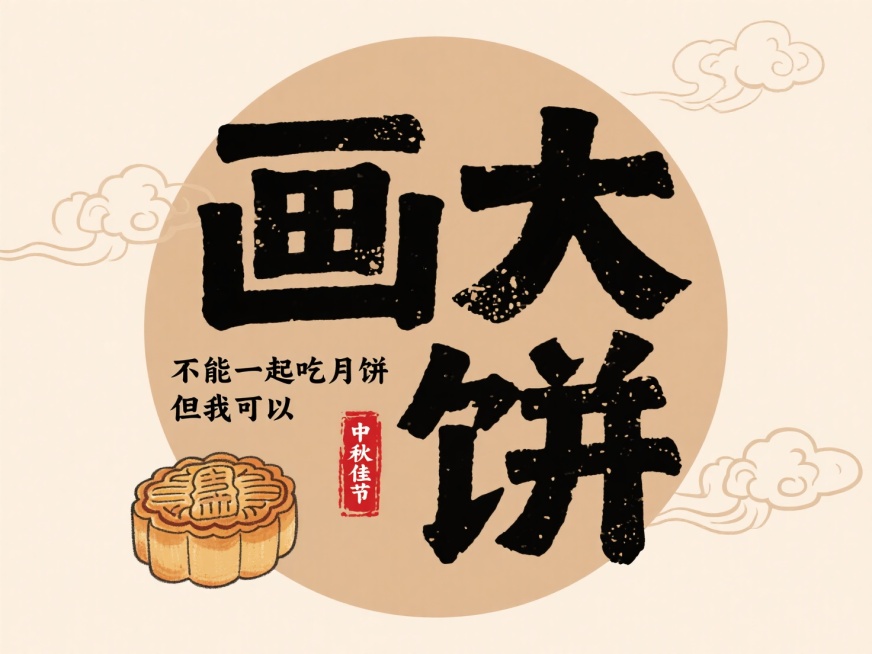 马克笔字体， 大字“画大 饼”，两行错排，文字左下角空余位置搭配手绘月饼元素和楷体小字“不能一起吃月饼 但我可以”，中心浅棕色圆形色块，文字布局紧凑，背景浅米色，点缀少量祥云纹理，红色印章中秋佳节预览效果