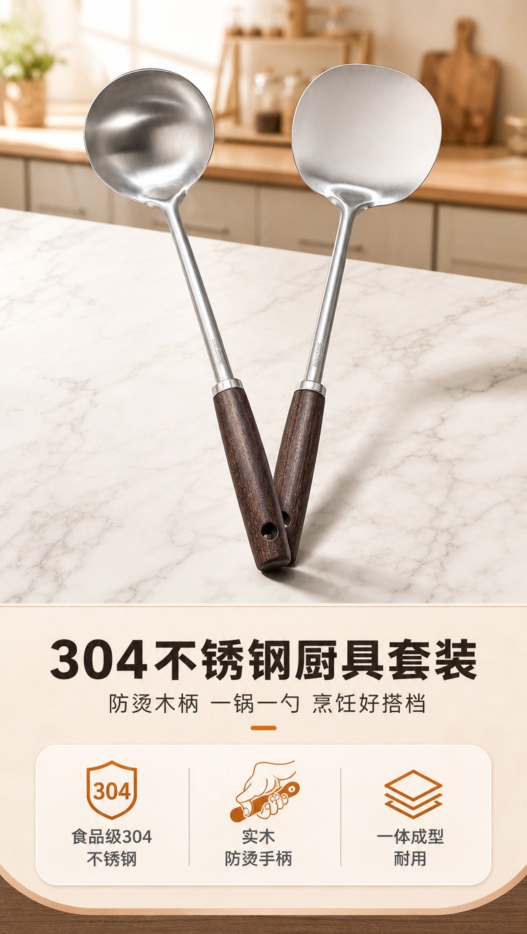 [商品] 使用【图1】304不锈钢木柄锅铲汤勺套装；保留汤勺（… - 图片创意预览