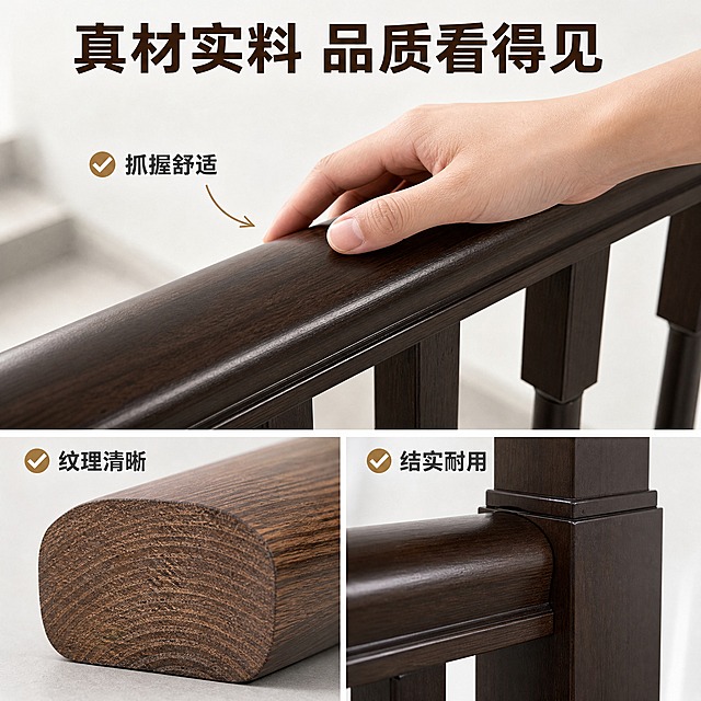 [主图-3] 实木扶手材质工艺细节图，任务是证明抓握舒适、纹理清晰、结实耐用三大产品品质，用局部放大+细节拼图形式呈现。
[统一基调] 淘宝/天猫建材风格，专业干净稳定，明亮自然光，浅灰白环境，深棕色实木主体，标题深棕，辅助字深灰，强调色暖金棕，无衬线粗体。
[画面] 画面上半部分为实木扶手面的超近景特写，聚焦扶手顶部圆弧抓握面，展示圆润光滑的弧度和细腻的木质纹理，漆面温润有光泽，一只手（仅手部，不露脸）轻轻搭在扶手上，手指自然弯曲贴合弧度，体现抓握舒适感。画面下半部分为两宫格细节图，左侧展示木材截面纹理特写，纹理清晰顺直；右侧展示立柱与扶手连接处的榫卯/拼接结构，接缝紧密，体现结实耐用。
[光影质感] 商业摄影质感，柔和漫射光突出木质纹理细节和漆面质感，手部光影自然，不突兀。截面图光线均匀，纹理层次分明。结构图侧光突出拼接缝隙的紧密程度。
[配色] 背景浅米白渐变，主体深棕木色，手部肤色自然，标题深棕色，细节标注文字深灰色。
[文字版式] 顶部大标题"真材实料 品质看得见"，深棕色粗体。上半部分扶手特写旁标注"抓握舒适"，配箭头指向扶手圆弧面。下半部分左图标注"纹理清晰"，右图标注"结实耐用"，标注文字为深灰色，旁边有小型对勾图标（暖金棕色）。
[输出要求] 比例1:1，2048x2048，文字清晰，木纹细节清晰，产品不变形，无错字，无水印，无平台Logo，手部形态正常无畸形。