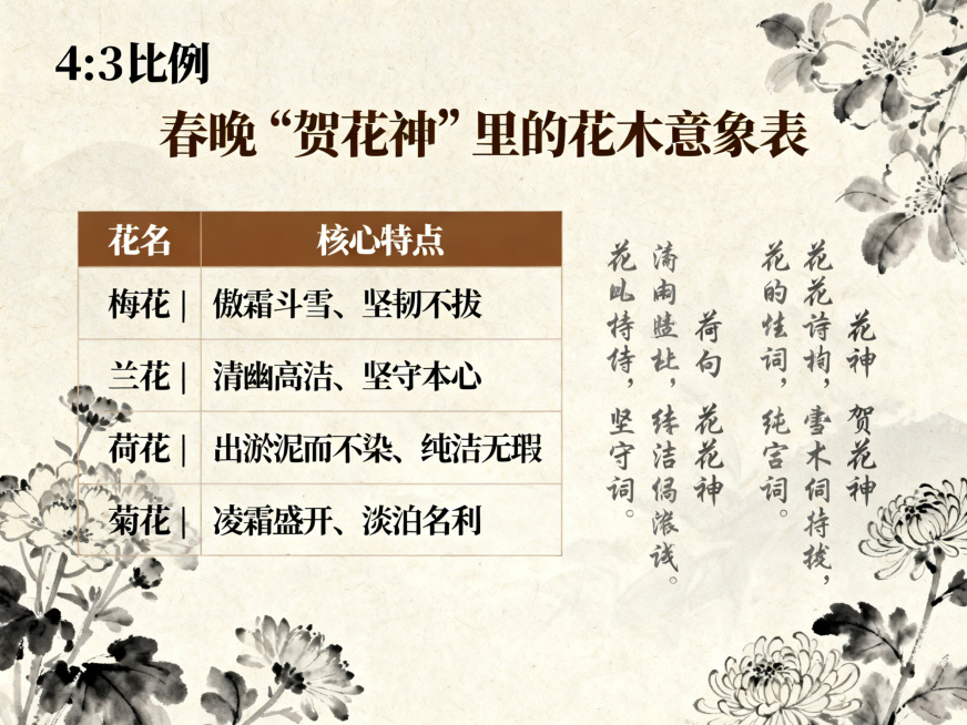 PPT内容页，标题：春晚“贺花神”里的花木意象表，表格列出花名和核心特点：梅花|傲霜斗雪、坚韧不拔；兰花|清幽高洁、坚守本心；荷花|出淤泥而不染、纯洁无瑕；菊花|凌霜盛开、淡泊名利，右侧有四句花神主题预览效果