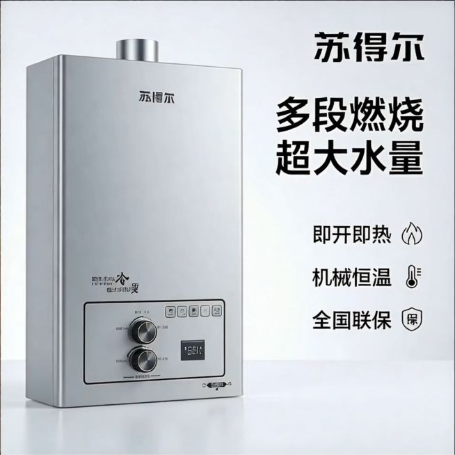简约科技风格，360度围绕苏得尔燃气热水器展示，配合口播：“苏得尔燃气热水器，全新升级大流量水箱，低水压无烦恼启动，大流量瀑布浴更舒心，全新火排 5排火随意调节，满足您的各种热水需求~”预览效果
