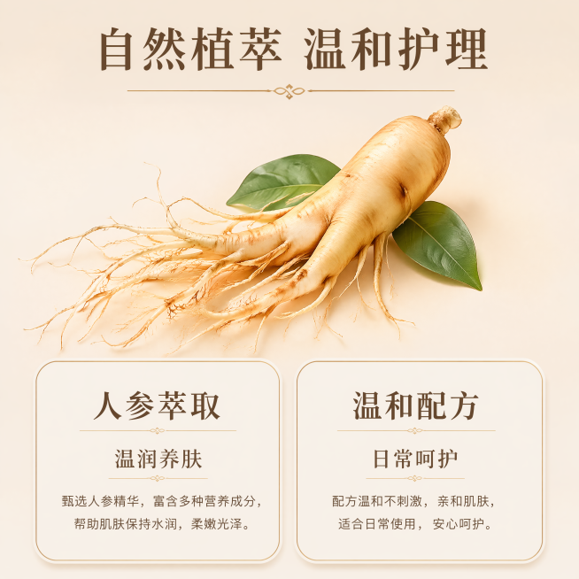 [第3屏] 成分护理理念屏-温和配方展示。
[氛围/风格] 干净简约科研风，柔和自然光影，成分视觉清晰突出，传递安心感。
[元素布局] 画面中上位置放大展示人参原料图形，占比约40%，下方双行网格布局预览效果
