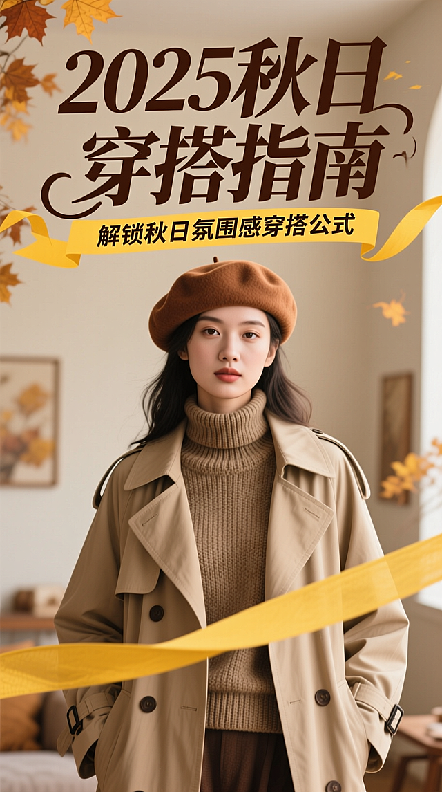 文艺感与复古感交织的秋日穿搭海报，融合杂志风与插画风设计，暖色调拼贴元素营造温馨氛围，展现舒适质感与时尚格调。