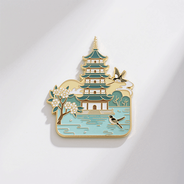 金边珐琅金属冰箱贴，中国风，杭州，雷峰塔、桂花、小鸟、西湖水景，低饱和配色。