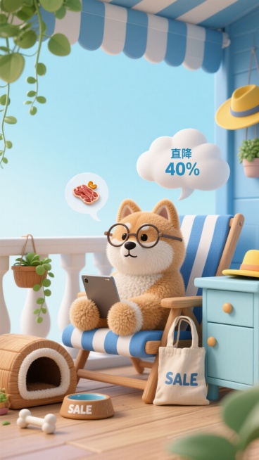 浅棕柴犬趴在蓝白条纹阳台椅上，戴圆框眼镜刷平板，脑袋旁飘着云朵气泡（内有肉干、“直降 40%” 图标）。点缀原木狗窝、骨头形状食盆、垂吊绿萝、印 “SALE” 的帆布包、浅蓝矮柜和黄色太阳帽，背景是淡预览效果