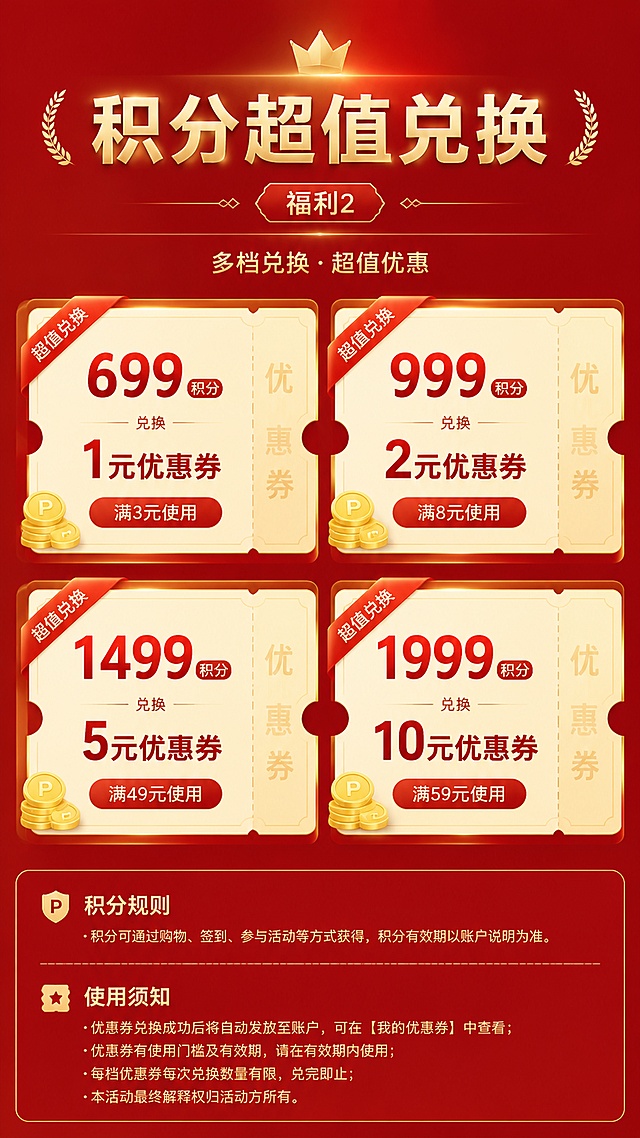 [第2屏] 积分超值兑换明细页，京东电商详情页风格。本屏使用【图1】作为内容参考，提取积分兑换信息进行重新设计排版。
[氛围/风格] 高端会员尊贵感，红金配色延续首屏风格，京东专业严谨风格，商业设计质感，信息表格清晰易读。
[元素布局] 顶部标题区，中部四档积分兑换卡片2行2列网格布局，底部补充说明；画面有金色分割线、积分图标、优惠券样式装饰；四档兑换分别为：699积分兑1元优惠券（满3元使用）、999积分兑2元优惠券（满8元使用）、1499积分兑5元优惠券（满49元使用）、1999积分兑10元优惠券（满59元使用）；每档做成优惠券卡片样式。
[光影质感] 顶部柔光打亮标题，优惠券卡片有轻微立体投影和金边，整体明亮通透，层次感强。
[配色色系] 全局底色深红色渐变#B91C1C到#991B1B，与首屏统一；主色金色#D4AF37；辅助色白色#FFFFFF、浅红#FCA5A5、优惠券票面米白色#FFFBEB。
[视角构图] 竖版正面构图，阅读动线从上到下，顶部标题→中部2x2兑换卡片网格→底部说明文字，信息层级分明。
[文字版式] 顶部主标题「积分超值兑换」金色大字居中，副标题「福利2」小字标注；四张优惠券卡片每张上方大字号积分数，中间兑换金额大字，下方使用门槛小字，右侧带撕线优惠券造型；底部小字说明积分规则和使用须知；所有文字清晰可读，移动端适配字号。
[比例分辨率] 9:16竖版比例，4K分辨率，文字清晰可辨，高清画质。
[负向提示词] 文字错乱，文字过小，变形，水印，颜色偏差，背景杂乱，京东logo，二维码。