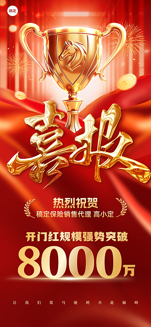 金融奖杯业绩3D大字喜报全屏竖版海报