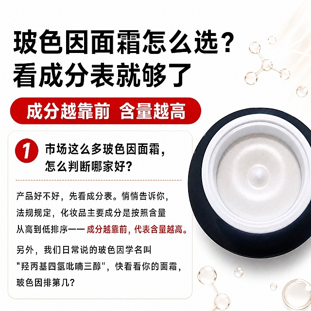[商品] 使用【图1】的文字版式和整体布局作为左侧内容，使用【图2】实拍的开盖面霜产品图替换右侧产品。【图2】的膏体和罐子必须100%保留原貌：慕斯质地、中间小尖顶、光滑细腻表面、黑色盖子、白色内圈、圆形俯视角度，绝对不能改变膏体形状、纹理和罐子形态，只做抠图去除大理石背景、精修提亮、去除杂点，让产品干净通透有质感。
[画面] 页面目标：800x800正方形，左文右图，文字内容与【图1】一致，产品用【图2】实拍图（膏体原样保留绝不改动）。构图：左侧约60%放主标题、红色胶囊副标题、编号1问答卡片；右侧约40%放精修后的实拍面霜产品图（俯视角度，慕斯膏体原样保留）。右上角点缀少量分子结构元素，整体干净专业。
[视觉] 套系策略：风格=极简干净白底美妆科普海报；标题字=现代粗黑体；正文字=清晰无衬线体；主色=纯白/极浅米白；背景延展=纯净白色底，极淡光晕；强调色=正红色；标题色=纯黑；正文色=深黑灰；组件=红色圆形编号、红色胶囊条；光影=产品保留原光影，只提亮通透，不改变形态。
[文字] 与【图1】完全一致：主标题「玻色因面霜怎么选？看成分表就够了」、红色胶囊「成分越靠前 含量越高」、编号1问答完整文字、关键词「成分越靠前，代表含量越高」红色高亮。所有文字横排，清晰锐利。
[规格] 图片尺寸800x800正方形，4K分辨率，膏体严格保留【图2】实拍原貌绝不改动，产品只抠图精修不改变形态，文字清晰，避免膏体变形、纹理改变、产品失真。