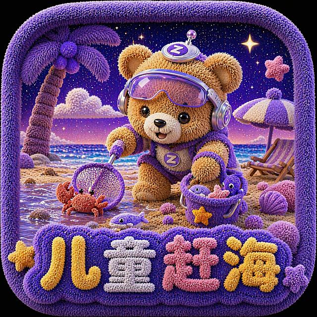参考参考图紫色毛绒小熊IP风格设计图标：小熊在海边赶海，抓捕螃蟹和小鱼，图标下方加上毛绒材质字体文字"儿童赶海"，整体为紫色毛绒立体质感，保持圆角方形图标设计，配色风格与参考图一致