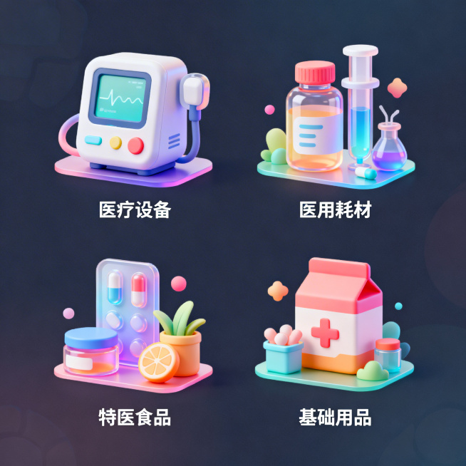 清新可爱的扁平化图标风格，多细节高质量，多彩低饱和度色调，元素有通透渐变层次与立体质感。共4个图标，紧扣医疗APP相关元素，表意精准，下方配有中文功能标签，分别为医疗设备、医用耗材、特医食品、基础用品预览效果