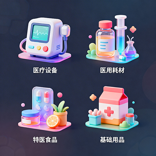 清新可爱的扁平化图标风格，多细节高质量，多彩低饱和度色调，元素有通透渐变层次与立体质感。共4个图标，紧扣医疗APP相关元素，表意精准，下方配有中文功能标签，分别为医疗设备、医用耗材、特医食品、基础用品。色调协调统一，温馨活泼年轻化，适合医疗器械APP功能分类或界面导航，高辨识度现代化