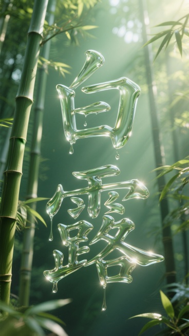 背景阳光透过竹林，绿色背景带光晕，液态构成的玻璃字“白露”预览效果