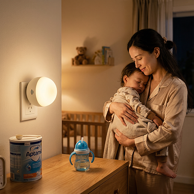 卧室母婴场景，主体是米白色球形插电小夜灯插入墙面插座，发出柔和暖白光，灯体侧面带有感应标识。画面右侧，一位穿着丝绸睡衣的家长正抱着熟睡幼儿。前景木质桌面上，摆放着婴儿奶粉罐与带吸管的学饮杯。构图采用近景平视，焦点集中在灯具上；色彩以暖黄灯光为主调，搭配原木色家具与柔和的浅米色背景，整体氛围温馨治愈。画面风格为写实类母婴产品宣传摄影，质感清晰细腻，突出小夜灯的便捷与护眼功能，营造安全舒适的夜间哄睡氛围。