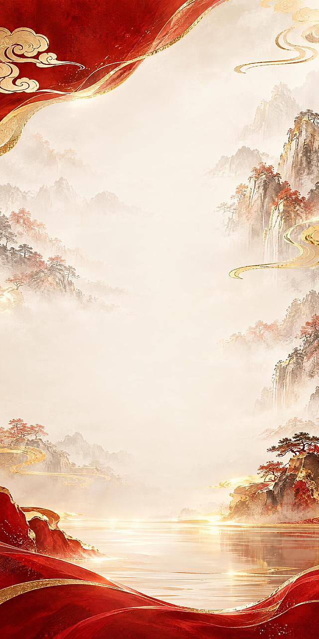 国潮风格护肤品电商主图背景素材，中国红与鎏金配色，画面带有写意水墨山水意境与祥云纹样，局部金色描边与鎏金光晕点缀，构图留出大面积干净留白区域用于放置护肤产品（画面中不出现任何产品、瓶身、包装、人物、文字或水印）；整体高级、干净、通透，光影立体，层次分明，具有高端东方美学质感与细腻纹理，竖版竖向构图