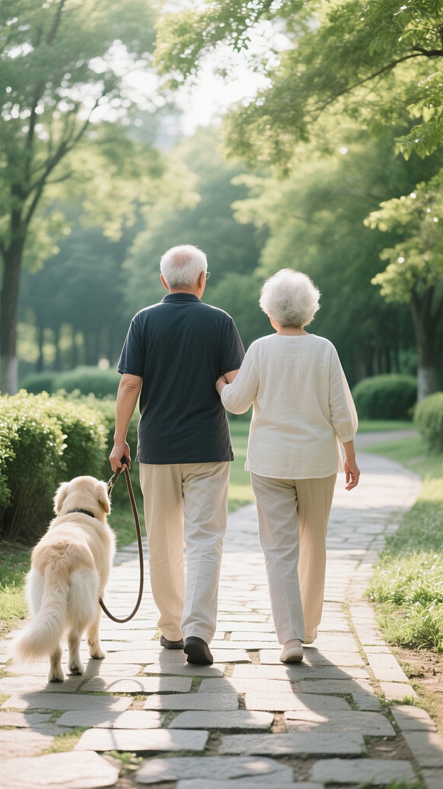 两位白发老人并肩散步的背影，老爷爷穿着深色短袖上衣和浅色长裤，左手牵着一条大型浅色犬的牵引绳，老奶奶穿着浅色长袖上衣和同色系长裤，右手轻轻搭在老爷爷的左臂上，他们走在一条铺着石板的小路上，小路两旁是茂密的绿色树木和低矮的灌木丛，阳光透过树叶洒下斑驳的光影，营造出温馨、宁静、岁月静好的氛围，画面色彩明亮柔和，光影层次丰富，具有清晰的写实摄影质感，背景为自然公园场景。