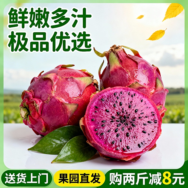 高清晰摄影风格水果海报，画面主体为新鲜饱满的水果火龙果，一个完整水果和一个切开的水果剖面，剖面展示鲜嫩果肉和果核细节，水果表面有自然光泽和细微纹理，附带1-2片翠绿新鲜的叶子。背景为明亮柔和的自然光线，浅景深效果，远处是模糊的绿色田野和天空，右上角有几片飘落的黄色叶子增添生机。主色调以替换水果的自然颜色为主火龙果的红与紫搭配清新的绿色作为辅助色和背景色。海报顶部中央是醒目绿色大号文字“鲜嫩多汁 极品优选”，字体为圆润无衬线体，字重加粗。底部左侧绿色圆角矩形内白色文字“送货上门”，底部中央黄色圆角矩形内黑色文字“果园直发”，底部右侧绿色背景白色文字“购两斤减8元”，所有文字排版简洁清晰，视觉层级分明，信息传达直接高效，整体风格清新自然、突出水果的新鲜与品质感。