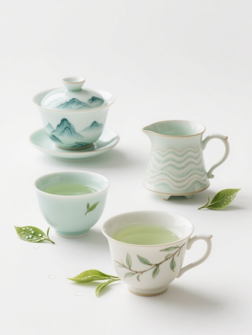 四个不同样式的茶杯，采用清新淡雅的手绘水彩风格，主色调为浅绿色、淡青色和米白色，光影柔和，带有细腻的水彩晕染质感和微妙的笔触纹理。茶杯设计各具特色：一个为远山纹盖碗，杯身绘有淡青色水墨山水图案，搭配同系列杯托和茶盖；一个是简约圆润的直口杯，表面光滑，点缀几片小巧的茶叶印花；一个是带把手的欧式茶杯造型，杯身有淡雅的波浪纹装饰；还有一个是复古铃铛形茶杯，杯口微收，杯身绘有缠绕的茶枝图案。每个茶杯旁……预览效果