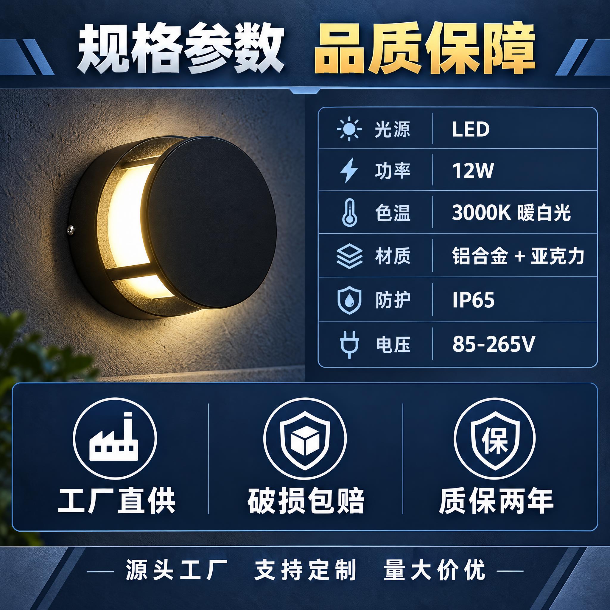 1688电商主图第5张，户外壁灯规格参数与服务保障图。左侧圆形… - 图片创意预览