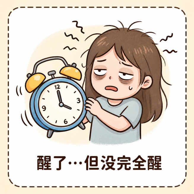 提取出第一张表情包，内容是宝妈醒了但没完全醒，保留完整的图案和文字醒了…但没完全醒，背景保持浅黄色，正方形尺寸，清晰度不变，保留虚线边框预览效果