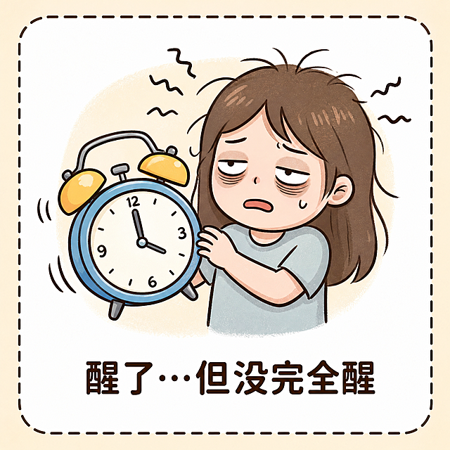 提取出第一张表情包，内容是宝妈醒了但没完全醒，保留完整的图案和文字醒了…但没完全醒，背景保持浅黄色，正方形尺寸，清晰度不变，保留虚线边框