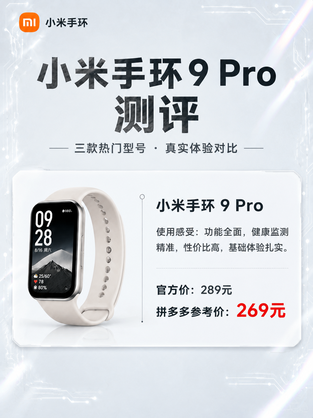 将这张三款小米手环的测评海报，拆分为三张独立的单款产品海报，每… - 图片创意预览
