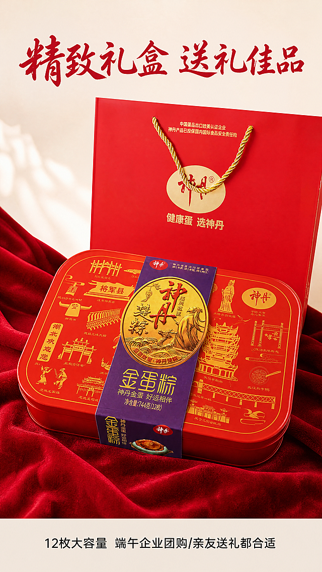 「图片1」「图片1」「图片1」「图片1」「图片1」「图片1」，生成一套详情页，商品名称为神丹金蛋粽，适配淘宝/天猫平台，单图比例为9:16，需求屏数为8张。