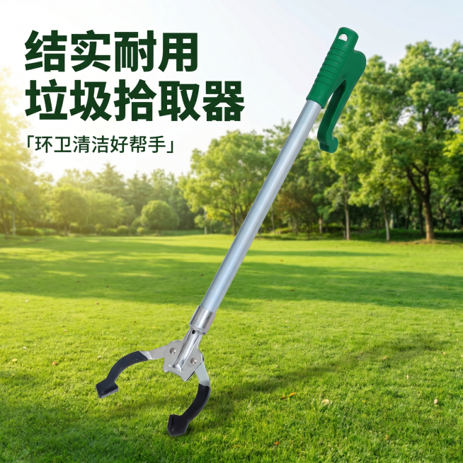 [主图 1] 垃圾拾取器产品首图，真实户外清洁场景。[氛围风格] 干净明亮实用风，突出产品结实耐用特点；[画质] 商业摄影质感、光线柔和通透、产品清晰真实、画面干净高级。[元素] 垃圾拾取器在公园清洁预览效果