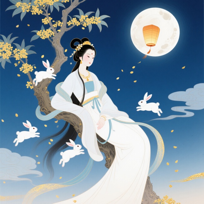 中心是嫦娥依躺在桂花树上，周围有玉兔互动，融入圆月、孔明灯、祥云等中秋元素，背景深蓝色夜空，色彩柔和明亮，营造温暖这中秋氛围预览效果