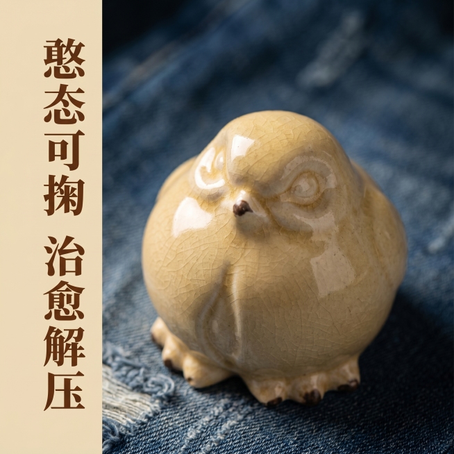 [主图 4] 圆滚滚猫头鹰陶瓷摆件表情细节展示
[氛围风格] 复古美式风，治愈氛围感
[画质] 商业摄影质感，光线柔和通透，产品清晰真实，画面干净高级
[元素] 特写猫头鹰眯眼憨态面部表情，展示圆润脸预览效果