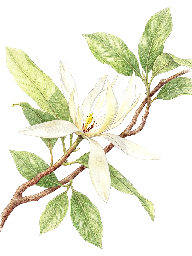 基于这张玉兰花手绘作品，变换花朵和枝叶的整体形态，保持原有的手绘彩铅风格，白色玉兰花搭配绿色叶片和棕色枝干，风格自然统一