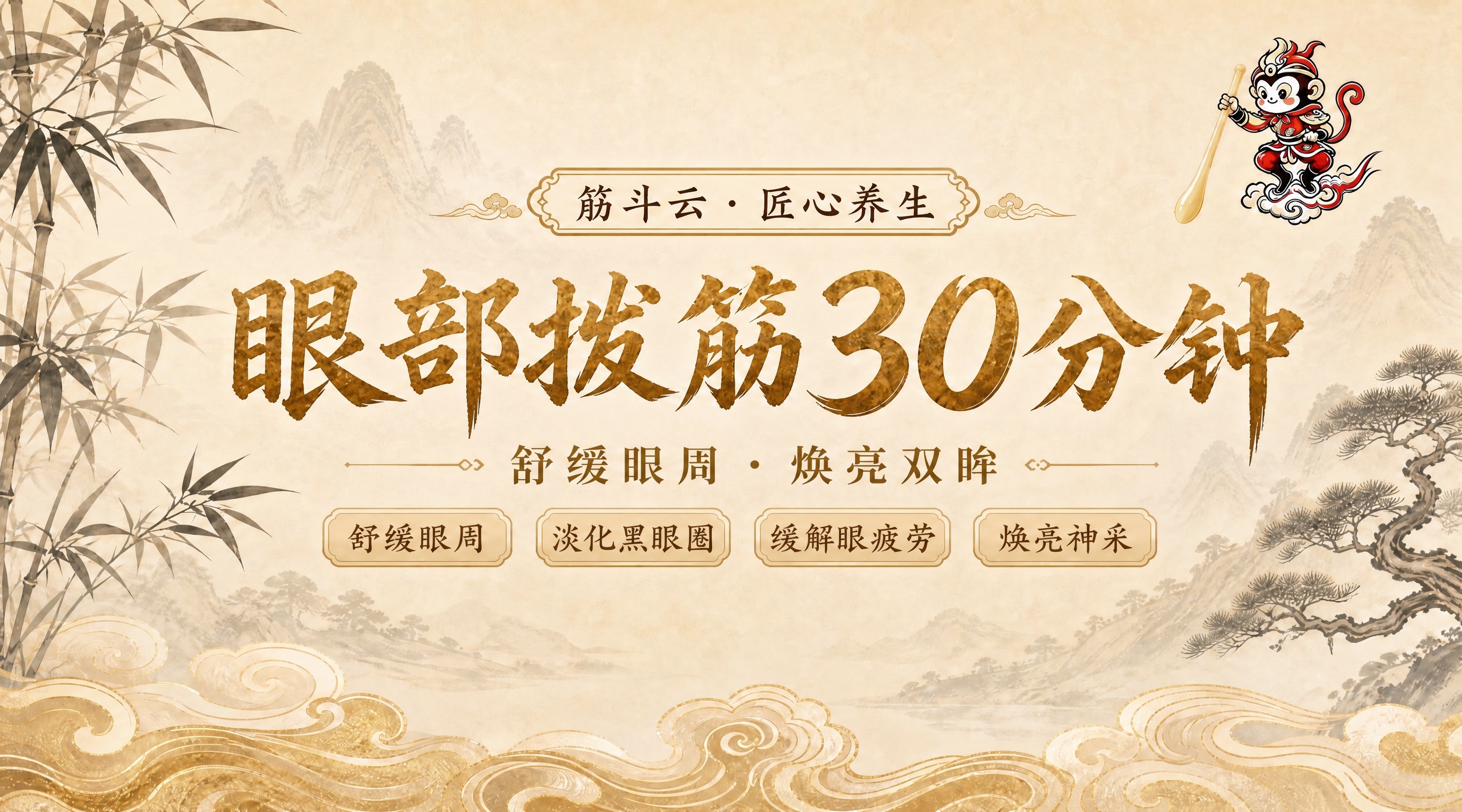 完全仿照参考图的版式、风格、配色、布局，制作眼部拨筋30分钟的… - 图片创意预览