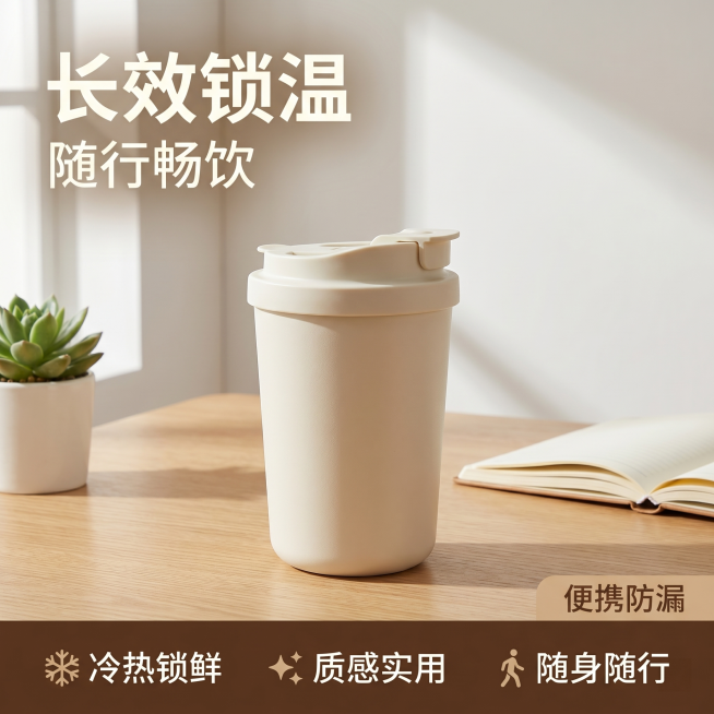 [主图-1] 米白色便携保温杯场景氛围首图。保持米白色保温杯外观（物理结构、材质质感、颜色）与输入产品图绝对一致，杜绝任何变形和色差，精细化处理。商品主体占比严格控制在 65% 左右，画面满屏无边框。预览效果