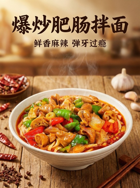 爆炒肥肠拌面美食宣传海报，电影级质感，细节丰富，红油鲜亮，肥肠Q弹有光泽，青红椒饱满鲜艳，面条筋道挂汁，整体充满美食诱惑力，氛围温暖有食欲预览效果