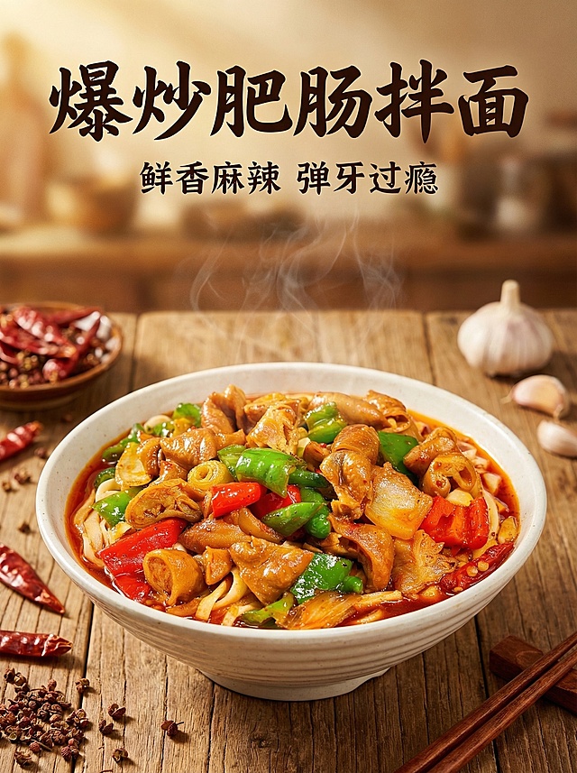 爆炒肥肠拌面美食宣传海报，电影级质感，细节丰富，红油鲜亮，肥肠Q弹有光泽，青红椒饱满鲜艳，面条筋道挂汁，整体充满美食诱惑力，氛围温暖有食欲