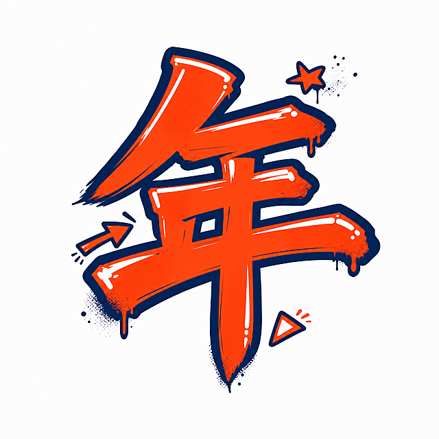 干净的纯白色背景。平面艺术字体设计，单字"年"，街头涂鸦插画风格，精简创意。笔画粗犷有力，如同马克笔快速书写的痕迹，笔画边缘带有轻微流淌效果，字形结构夸张变形但保持高识别度，字中融入简洁的插画小元素（如小箭头、星星、几何图形）与笔画自然融合。主体色为活力橙红色，带有深蓝色粗描边，白色高光点缀。仅包含1个字："年"，不得增加、遗漏或替换任何一个字。装饰喷漆颗粒与小符号融入笔画末端，风格完全统一，装饰元素精简不繁杂。文字整体必须完整呈现在画面内不可被裁切，四周留有安全边距。比例1:1。