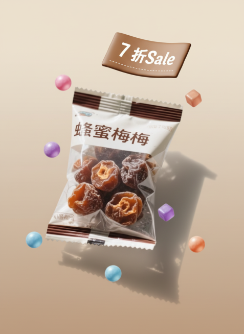 一张3D棕色小票在画面上方，小票上有文字“7 折Sale”，没有其他字，主体是巨大化的参考图商品，画面飘动着一些粉色、紫色、蓝色、橙色的糖果，与产品颜色相契合的清新浅棕渐变背景。预览效果